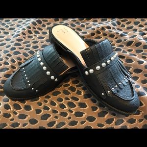 Black leather mules